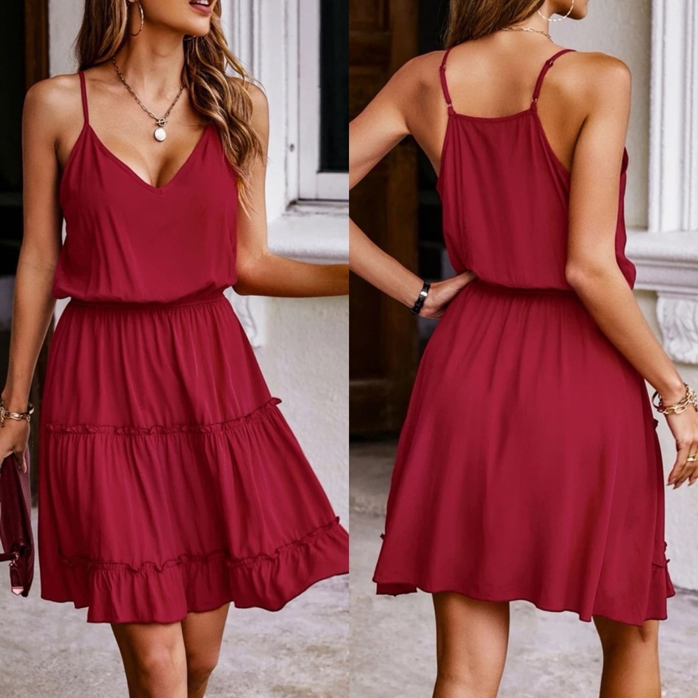 Boho v neck dress ruffle tiered cami strap racerback dusty pink - Picture 3 of 5